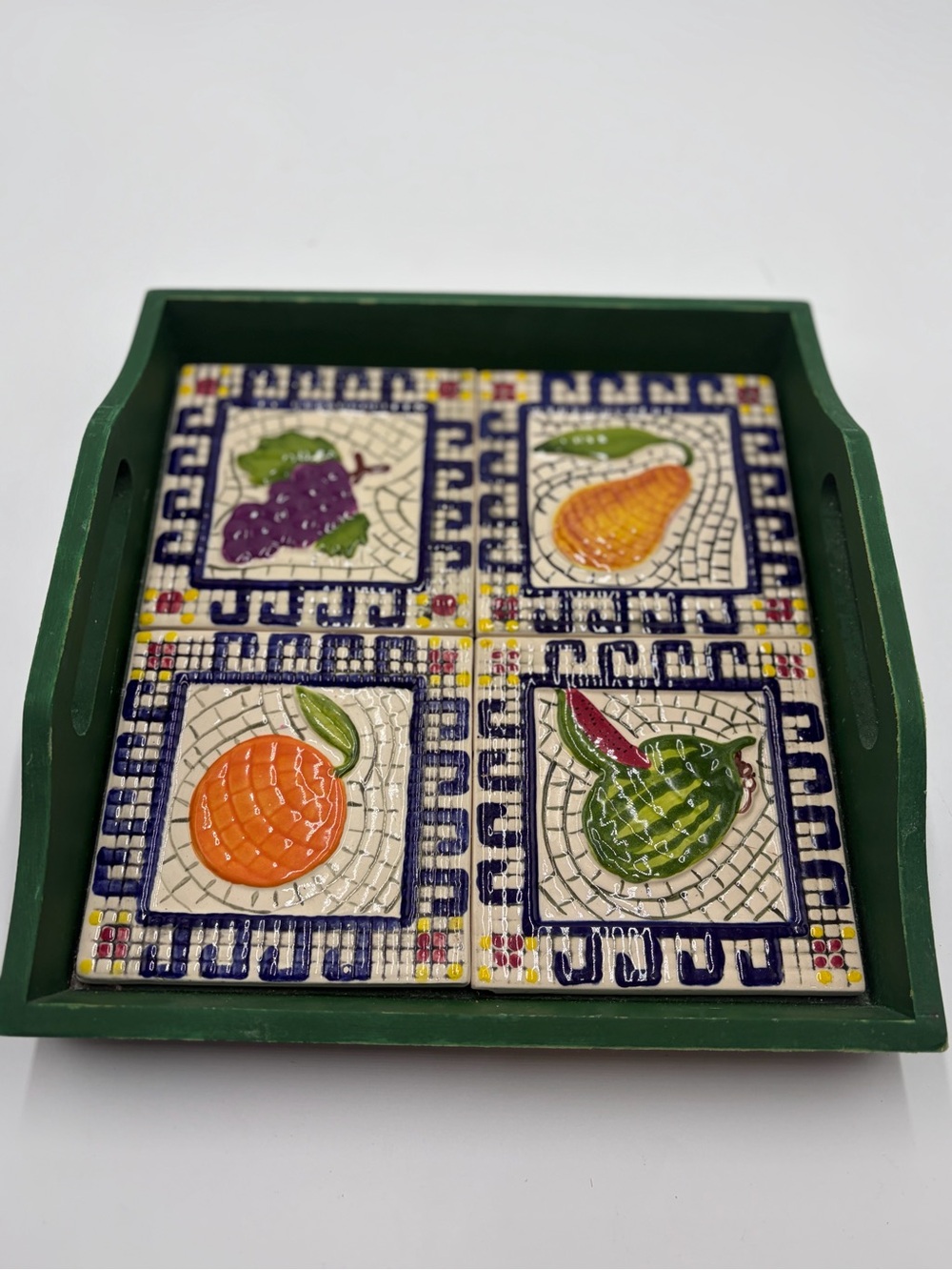 Hand-Painted Fruit Tile Serving Tray - Green Frame